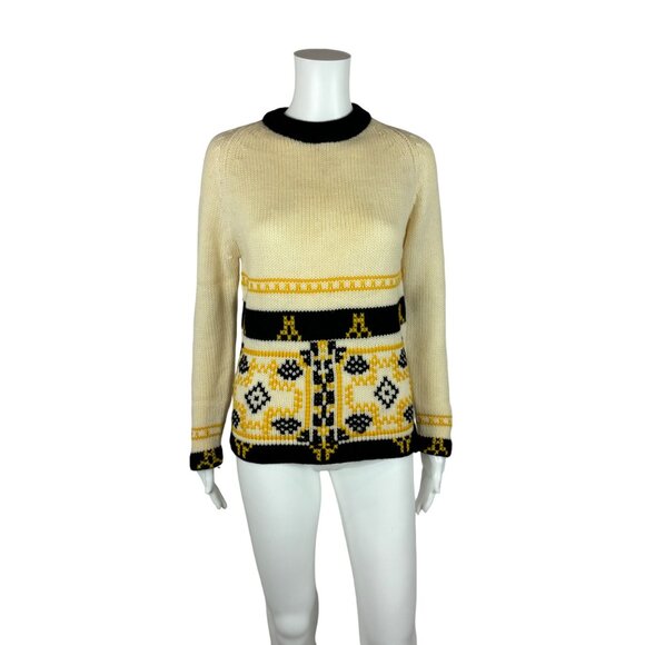 Vintage 60s Sweater Women's Medium Nordic Yellow Pattern Mod Pullover - Picture 2 of 10